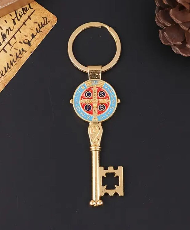 St. Benedict Medal Key Chain Key Shape | Blue Red Enamel | 4 x 1 inches