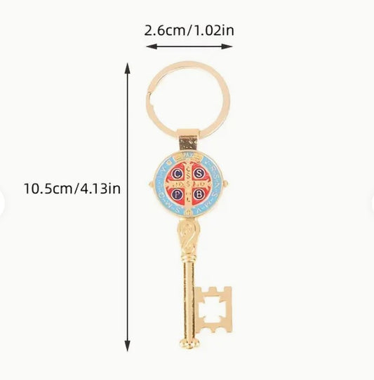 St. Benedict Medal Key Chain Key Shape | Blue Red Enamel | 4 x 1 inches