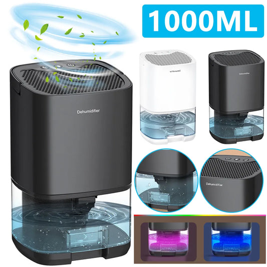 1000ML Portable Air Dehumidifier with Multicolor Night Light, Air Filter, Automatic Shutoff, Moisture Absorbent, Quiet Low Noise