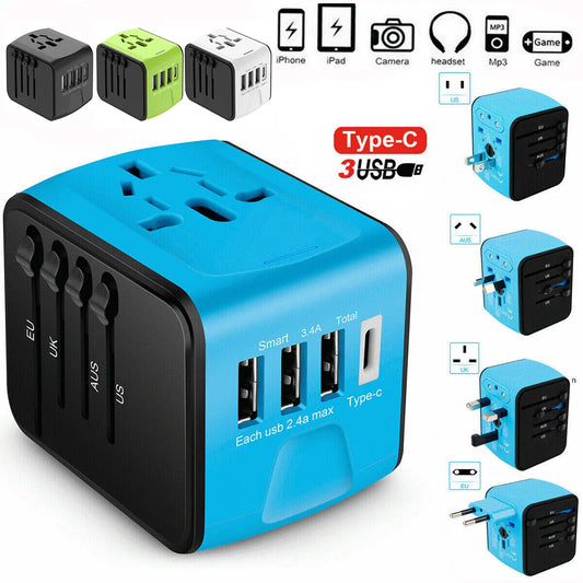 Universal Travel Adapter Phone Charger with Wall AC Power Plug Adapter with 3 USB-A and 1 USB-C Fast Charging Ports for USA EU UK AU